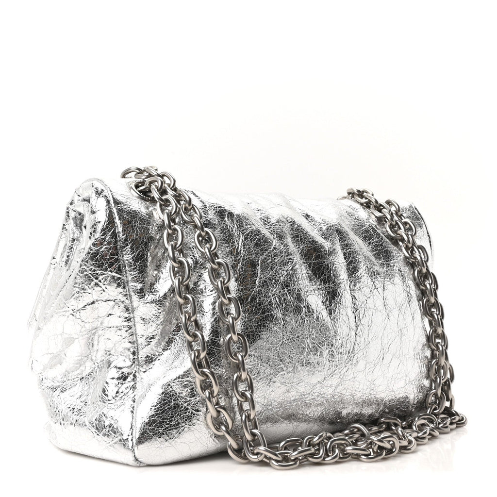Balenciaga Metallized Arena Calfskin Medium Monaco Chain Shoulder Bag Silver