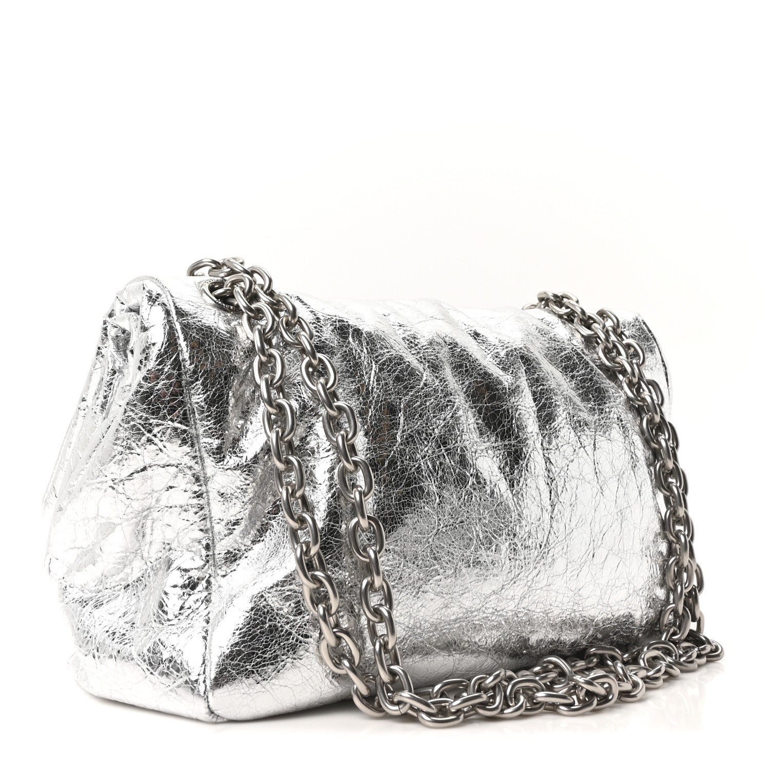 Balenciaga Metallized Arena Calfskin Medium Monaco Chain Shoulder Bag Silver