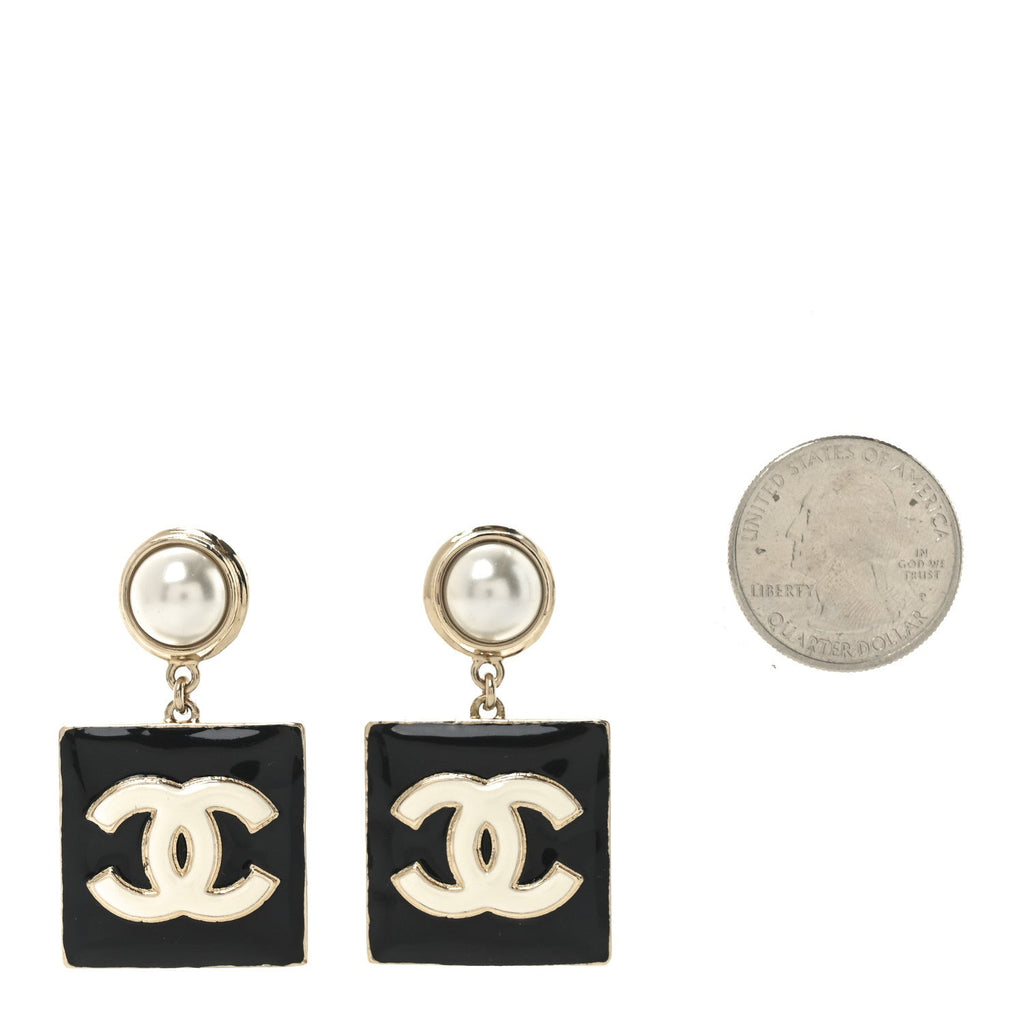 Chanel Metal Resin Pearl CC Drop Earrings Gold Black White