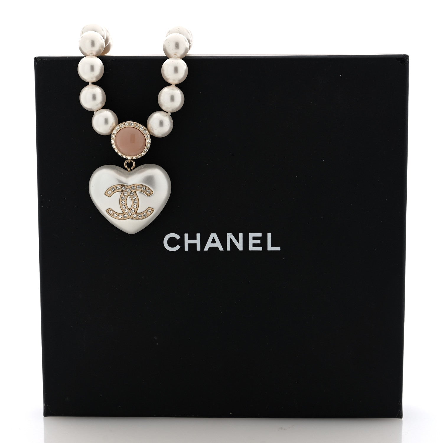 Chanel Pearl Crystal CC Heart Short Necklace Gold Pearly White Pink