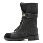 Chanel Tweed Lace Up Combat Boots 37.5 Dark Grey Black