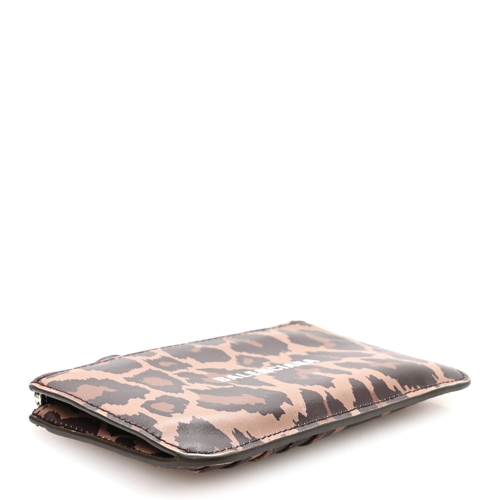 Balenciaga Calfskin Logo Leopard Print Cash Long Coin Card Holder Beige White