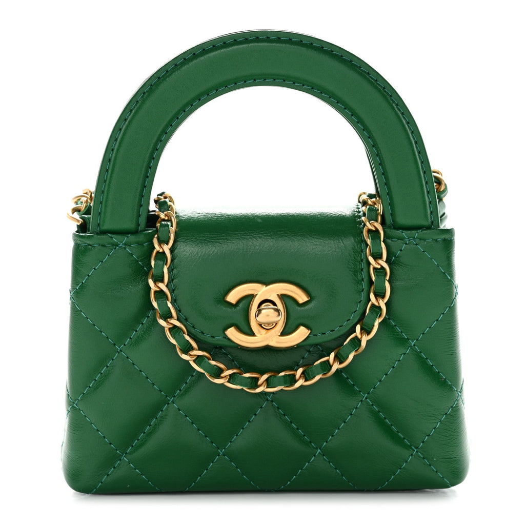 Chanel Shiny Aged Calfskin Quilted Mini Nano Kelly Shopper Green