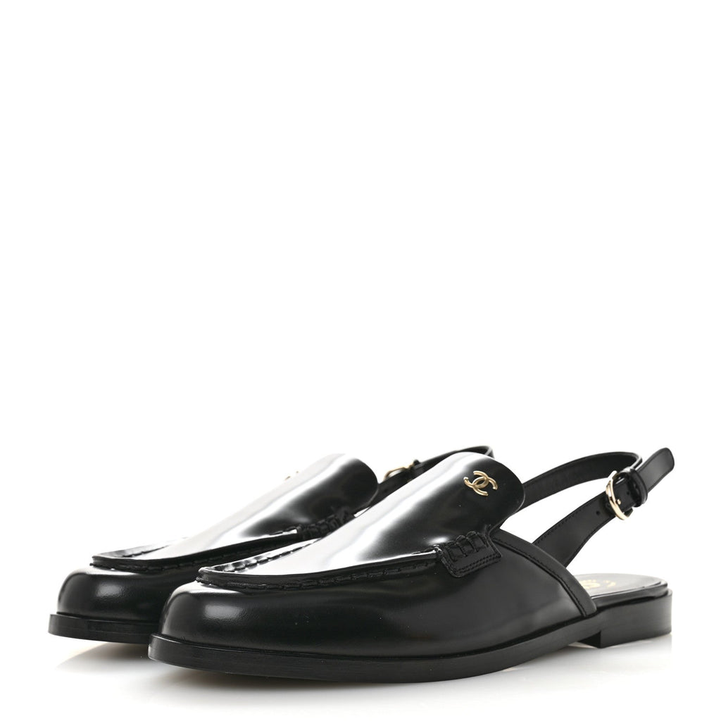 Chanel Shiny Calfskin Slingback Loafers 39.5  Black