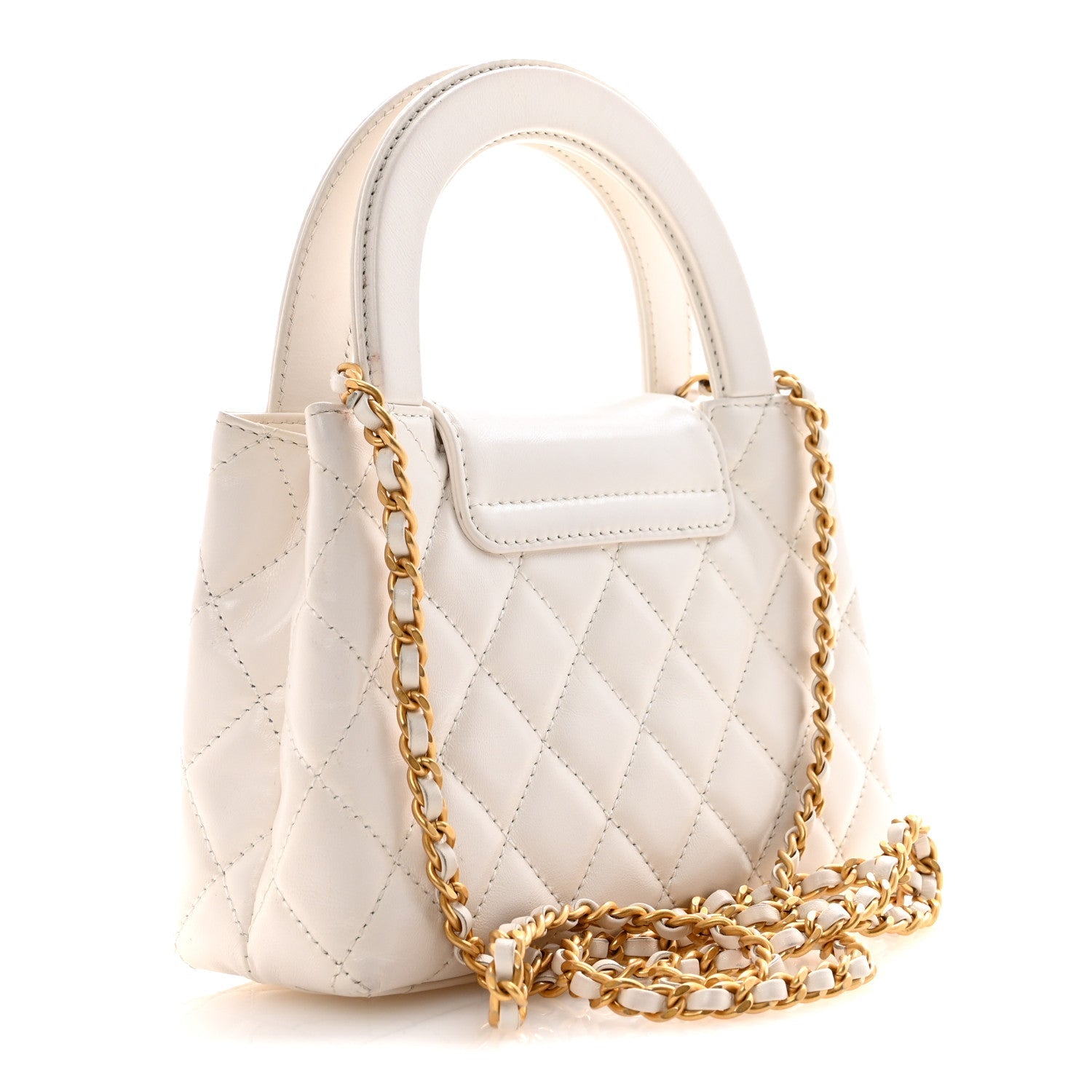 Chanel Shiny Aged Calfskin Quilted Nano Kelly Shopper White