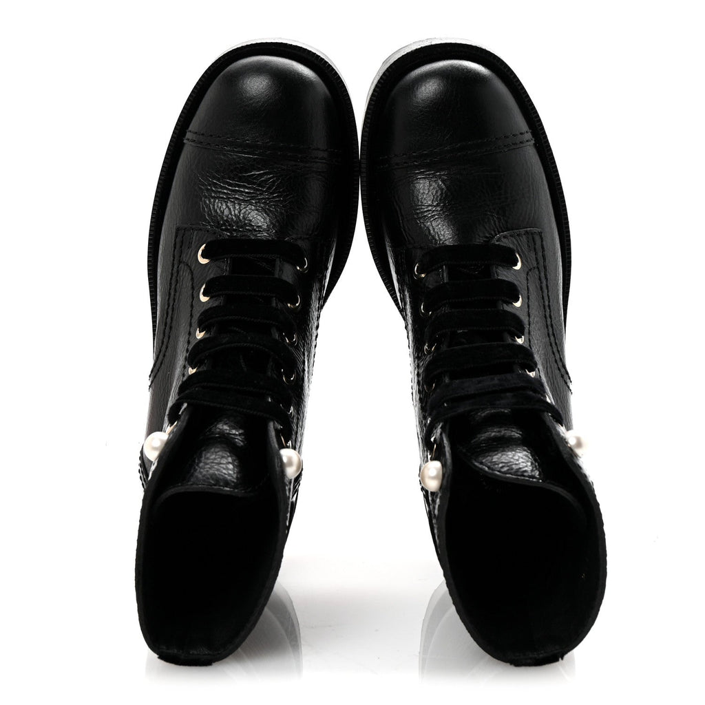 Chanel Shiny Calfskin Velvet Pearl Combat Short Boots 37 Black