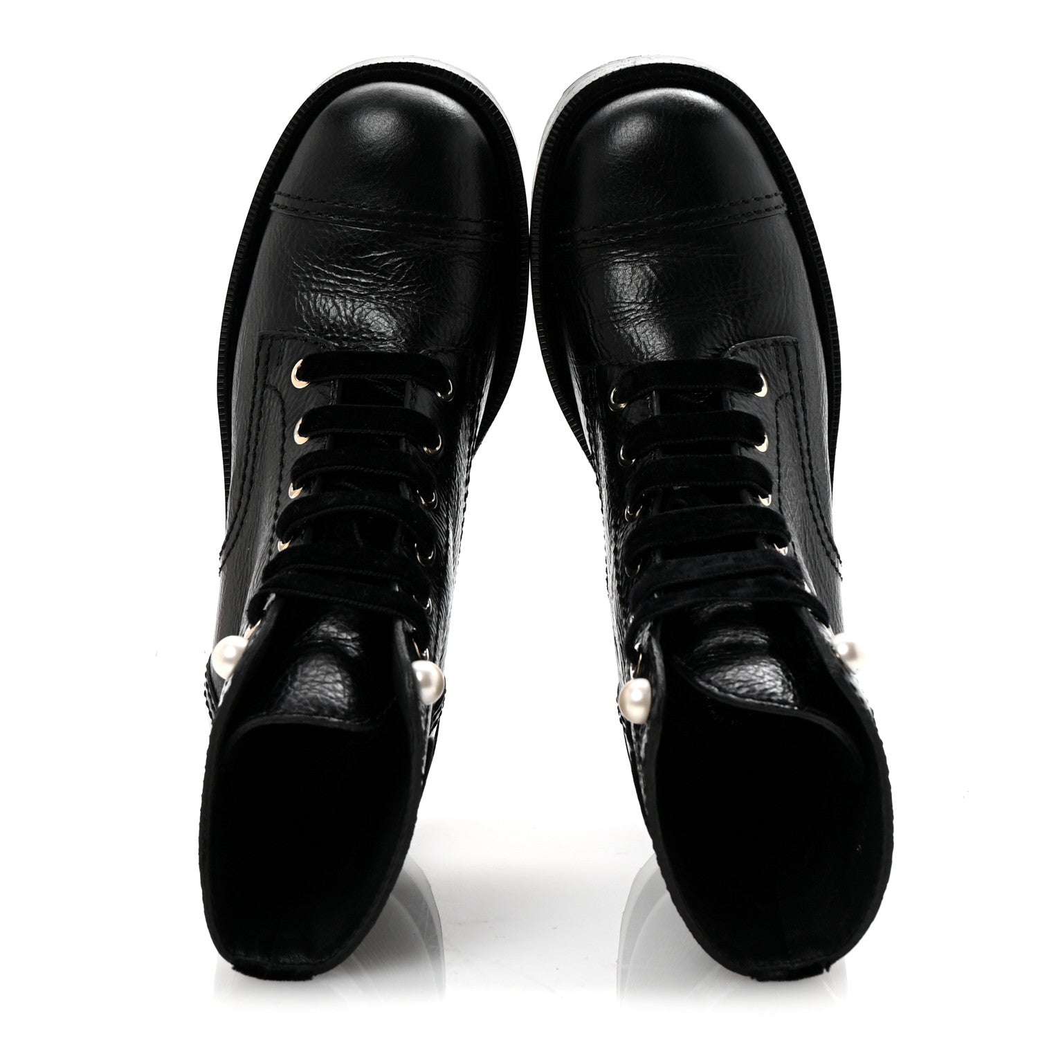 Chanel Shiny Calfskin Velvet Pearl Combat Short Boots 37 Black
