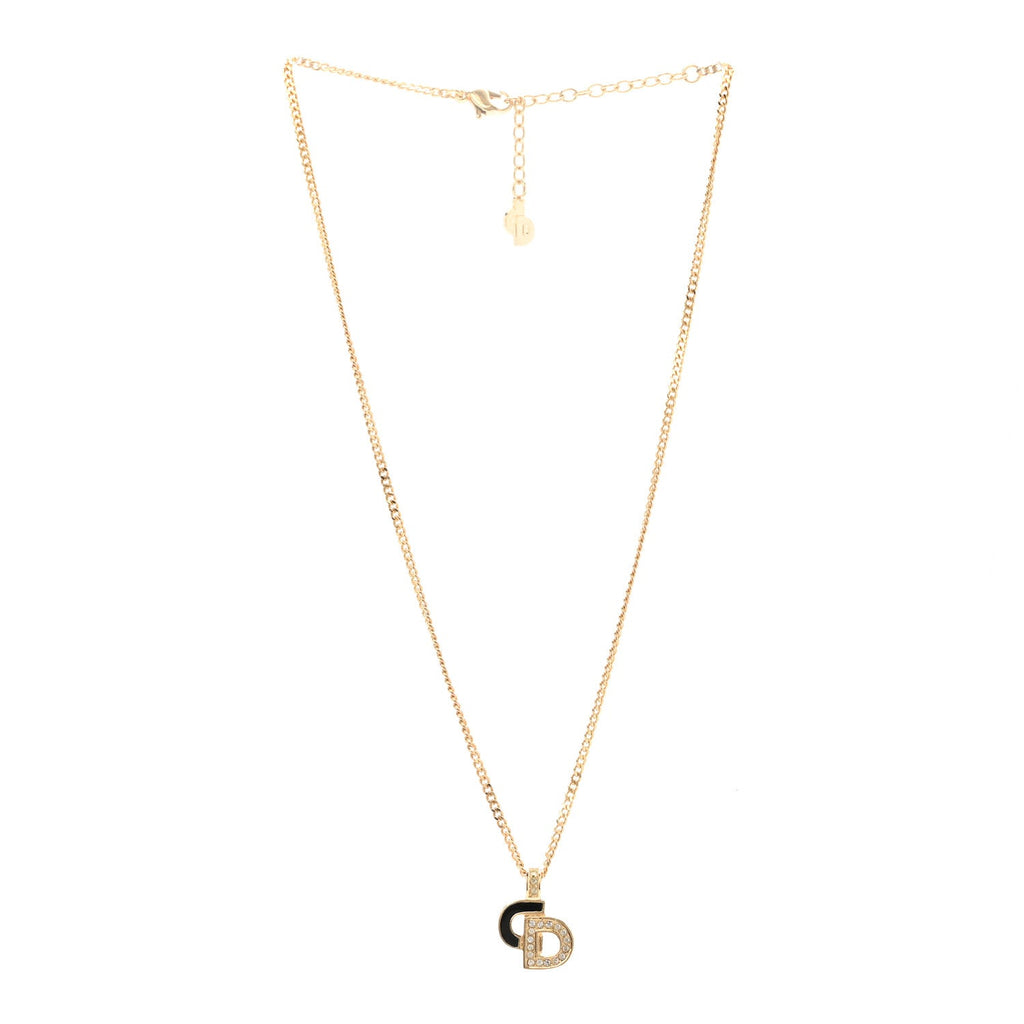 Christian Dior Metal Crystal Enamel CD Necklace Gold Black