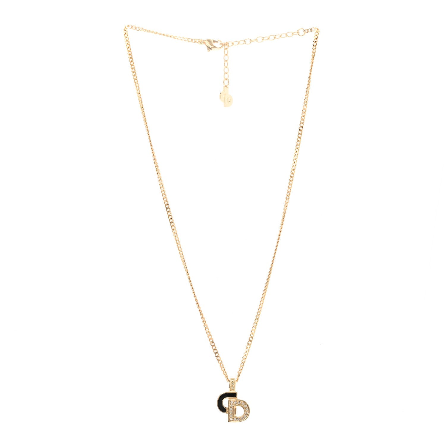 Christian Dior Metal Crystal Enamel CD Necklace Gold Black