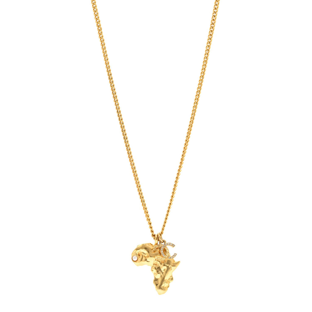 Chanel Crystal Pearl CC Africa Pendant Necklace Gold White