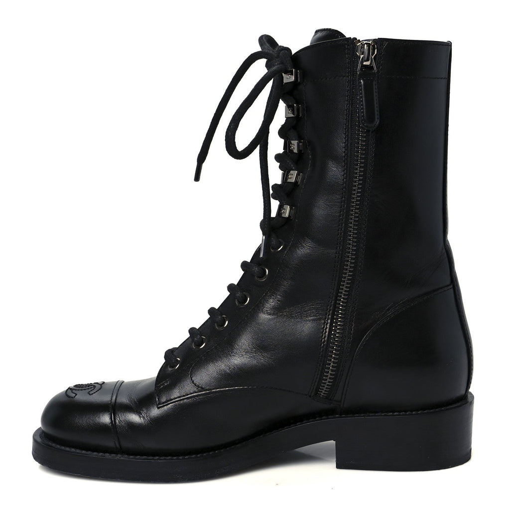Chanel Calfskin Lace Up Combat Boots 38 Black