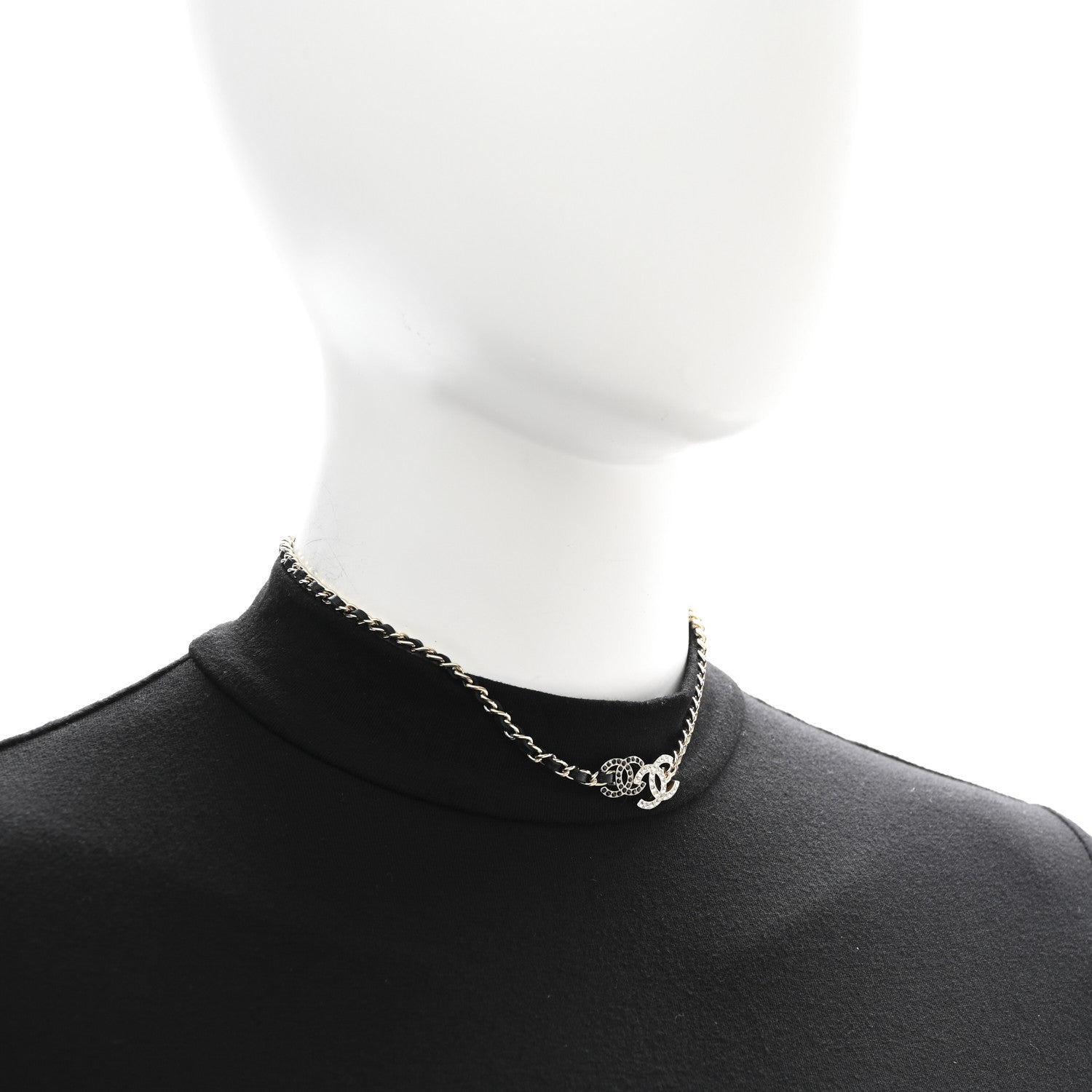 Chanel Lambskin Crystal CC Chain Choker Necklace Black Gold