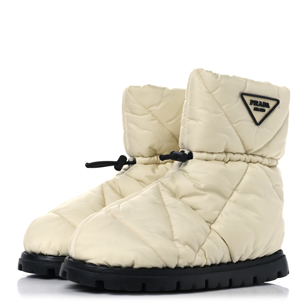 Prada Re-Nylon Piuma Triangle Logo Padded Drawcord 20mm Snow Boots 37 Avorio