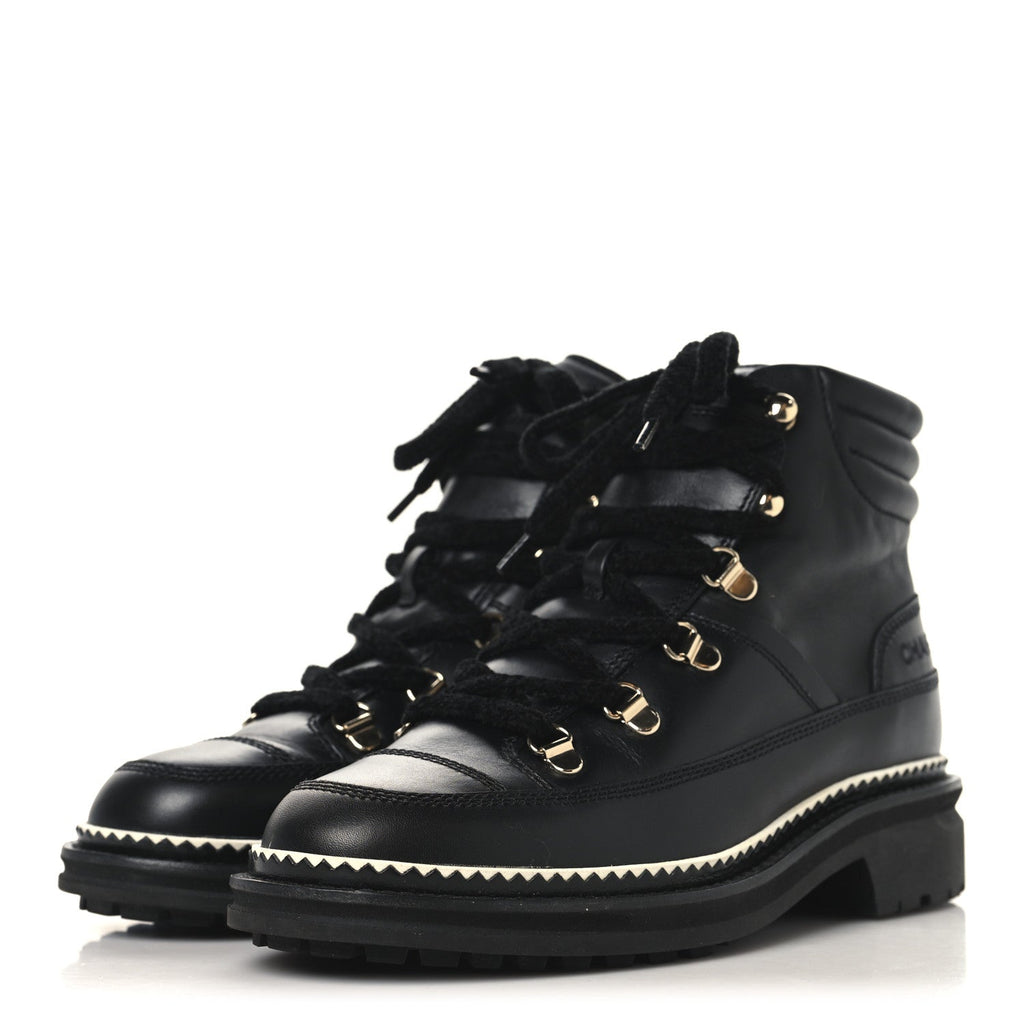 Chanel Calfskin Lambskin Lace Up Boots 37.5 Black