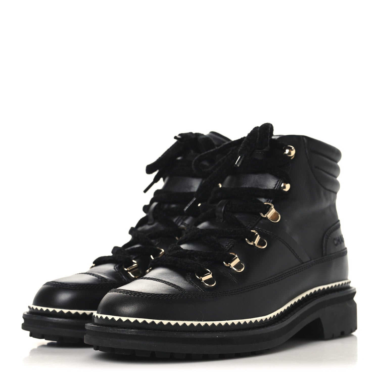 Chanel Calfskin Lambskin Lace Up Boots 37.5 Black