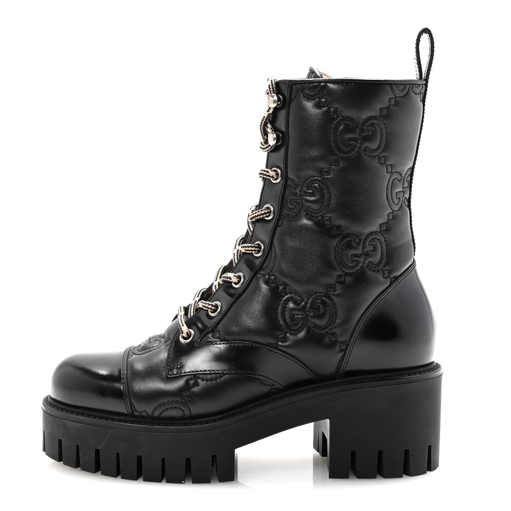 Gucci Cordovan Lux Nappa GG Matelasse Lace Up 60mm Combat Boots 35.5 Black