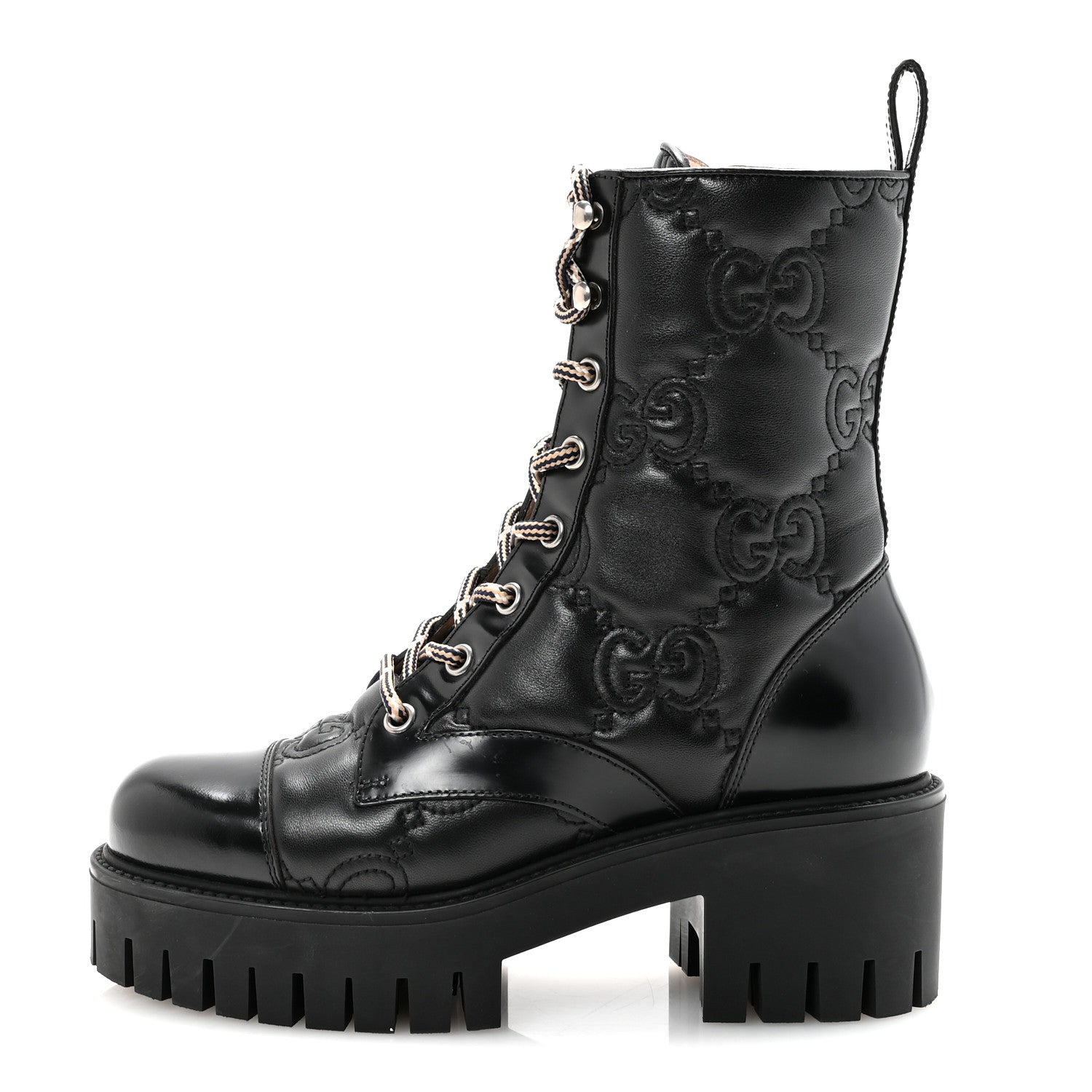 Gucci Cordovan Lux Nappa GG Matelasse Lace Up 60mm Combat Boots 35.5 Black