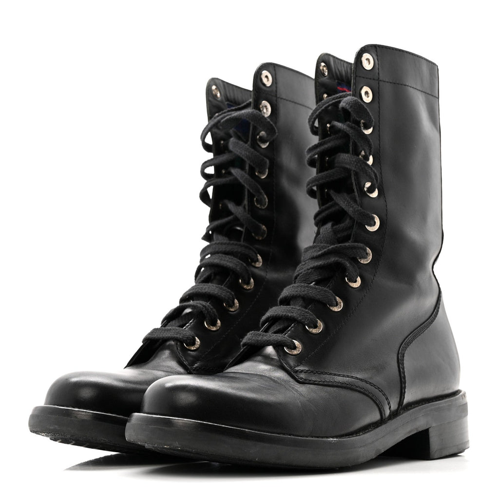 Chanel Calfskin Lace Up Combat Boots  39.5 Black