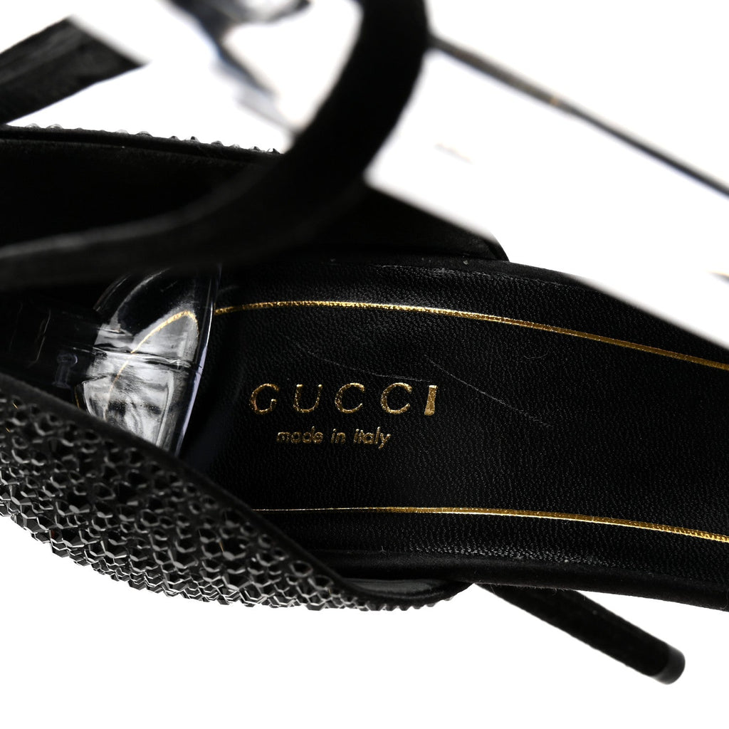 Gucci Suede Satin Crystal Ankle Strap High Heel Sandals 39.5 Black