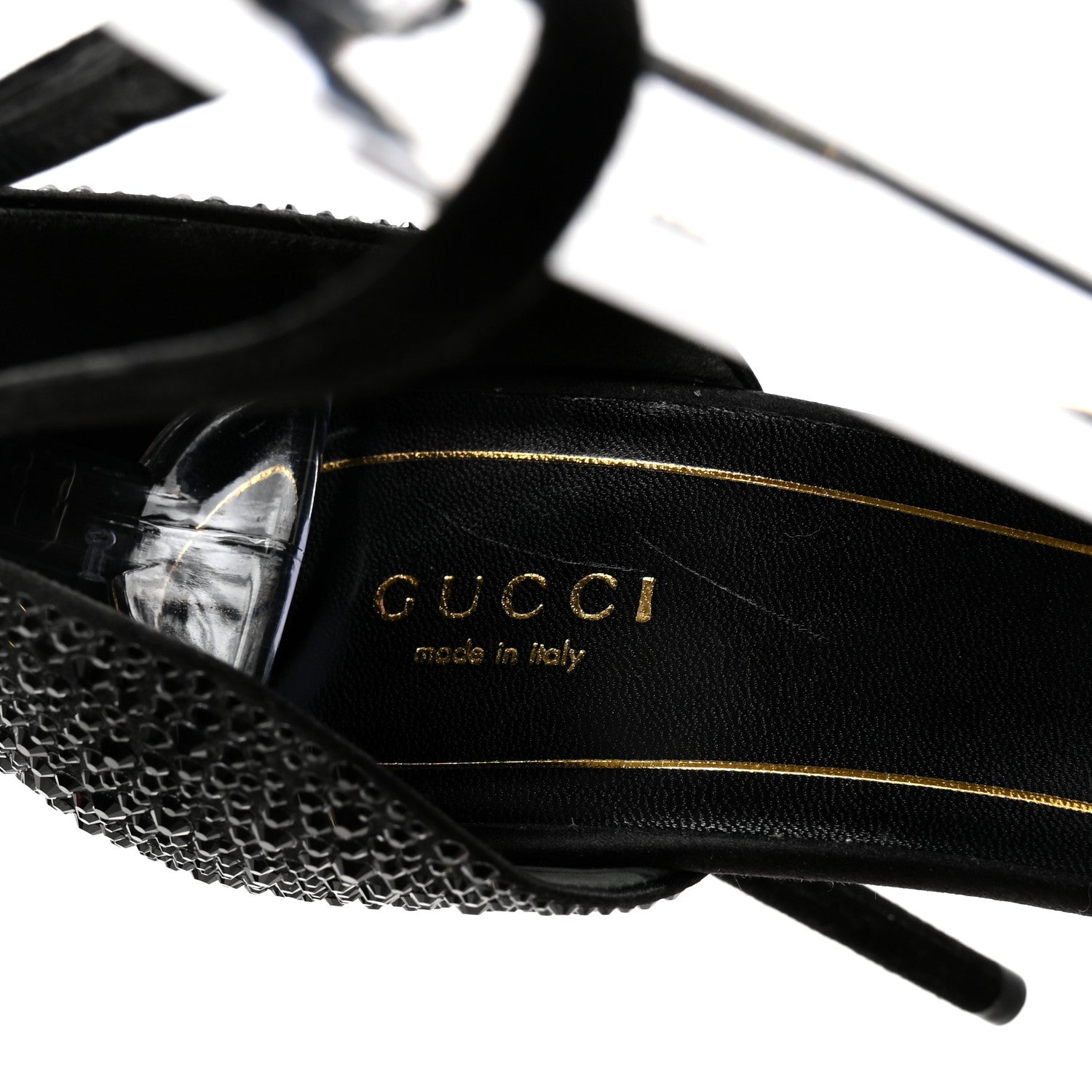 Gucci Suede Satin Crystal Ankle Strap High Heel Sandals 39.5 Black