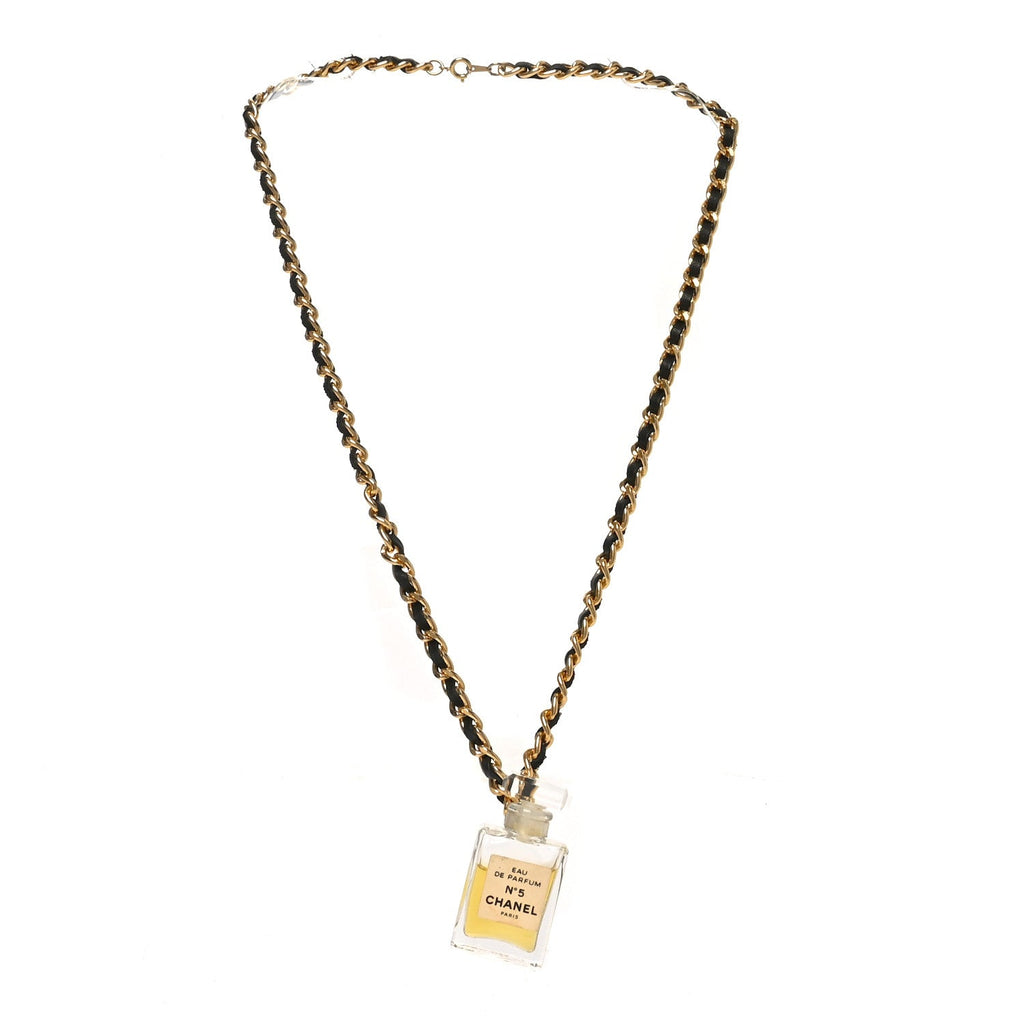 Chanel Metal Lambskin Resin CC No 5 Perfume Bottle Necklace Gold Black