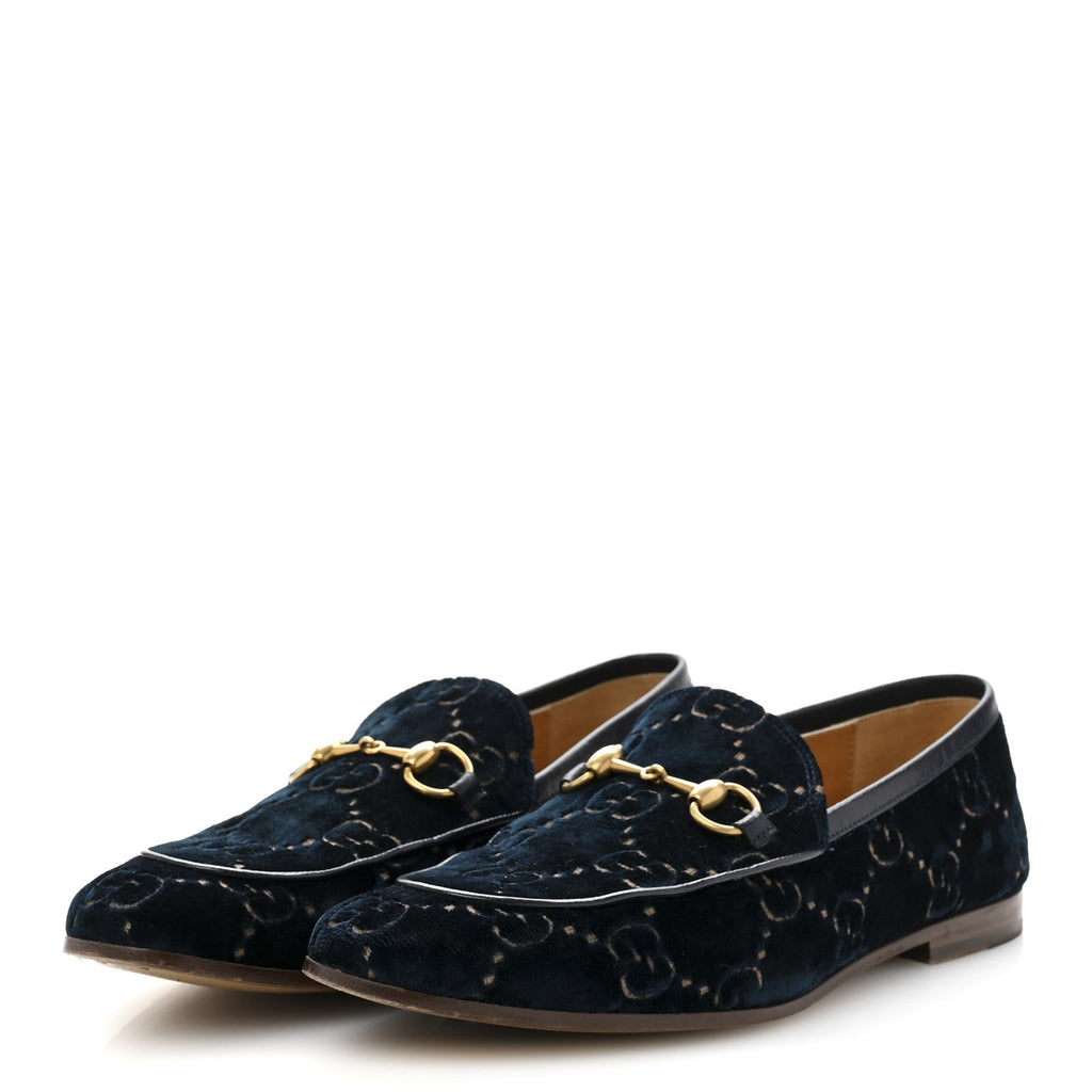 Gucci Velvet GG Monogram Horsebit Mens Jordaan Loafers 8.5 Blue Beige