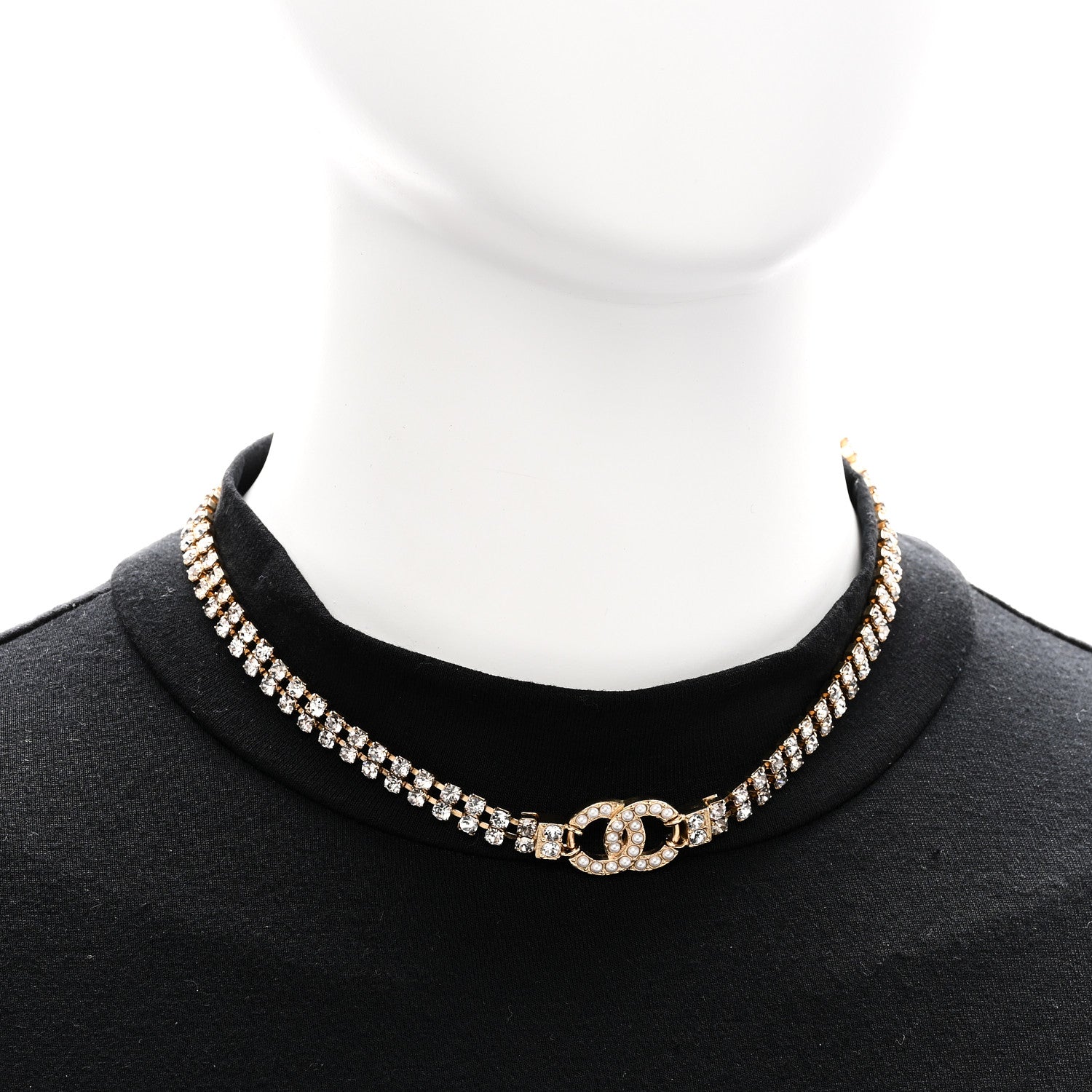 Chanel Crystal Pearl CC Choker Necklace Gold