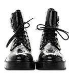 Chanel Shiny Lambskin Quilted Lace Up Combat Boots 38.5 Black
