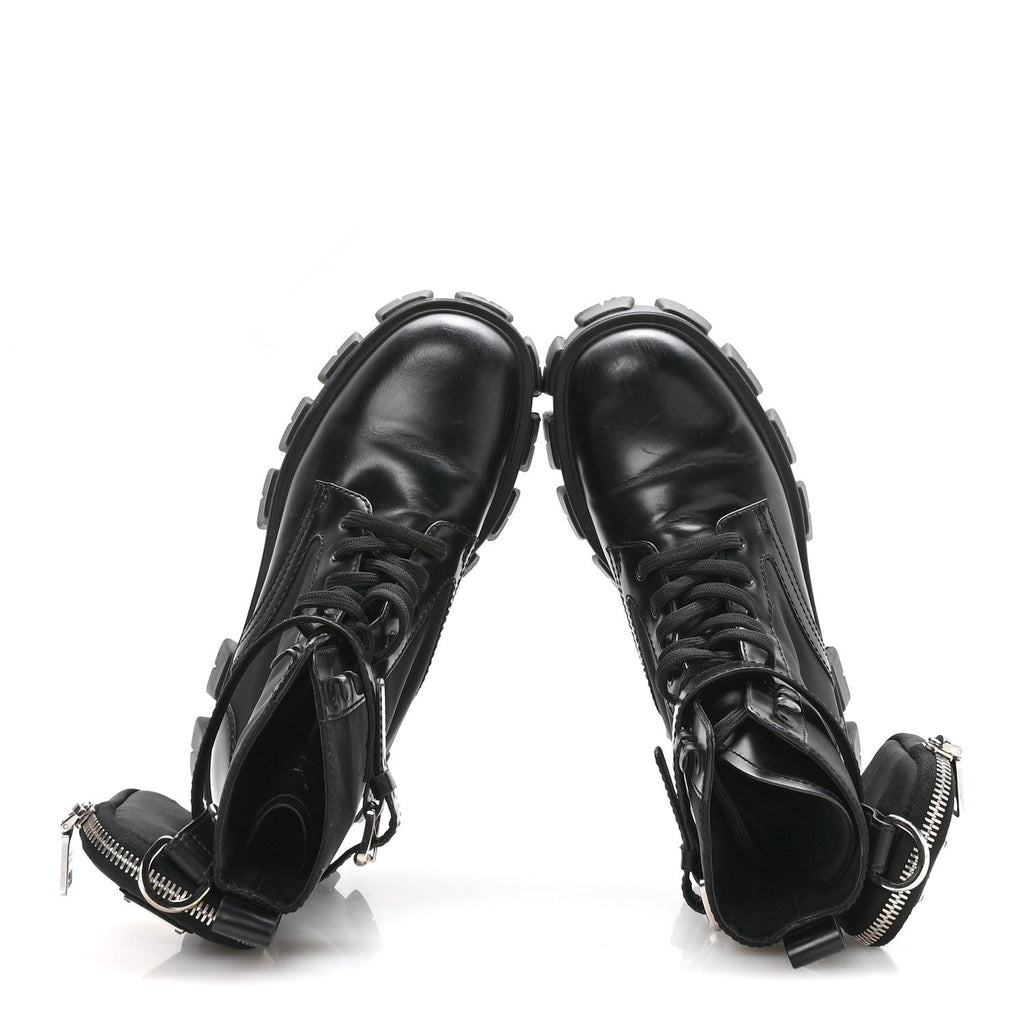 Prada Spazzolato Rois Nylon Metal Triangle Logo Monolith Pouch Pocket 55mm Boots 37 Black