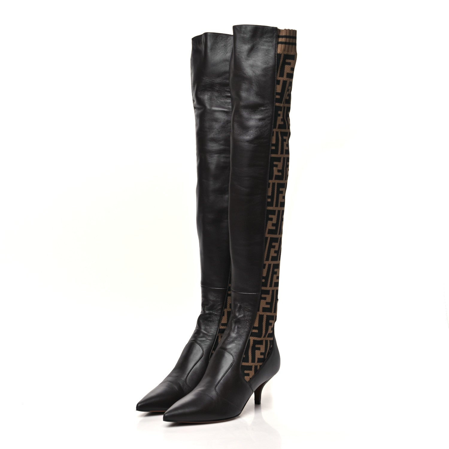 Fendi Nappa Microfiber Fabric FF Rockoko Thigh High Boots 35 Ebano Tobacco Black