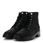 Chanel Grosgrain Tweed Pearl CC Combat Short Boots 39 Black