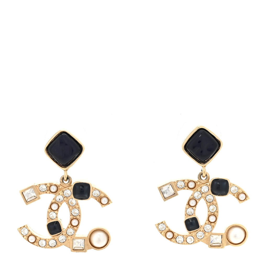 Chanel Resin Crystal Pearl CC Drop Earrings Gold Black