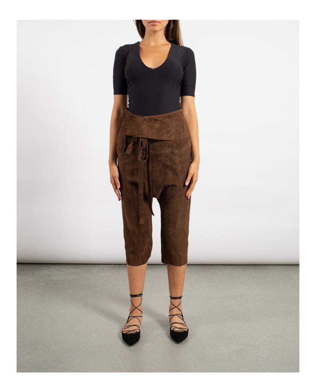 Saint Laurent Womens Cropped Suede Droped Shorts