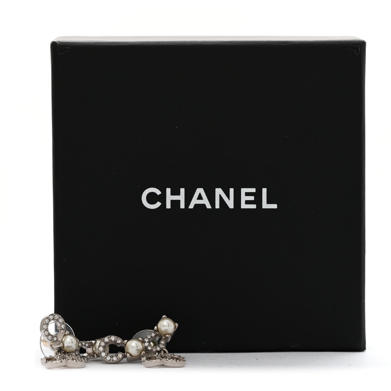 Chanel Metal Crystal Pearl Coco CC Earrings Silver