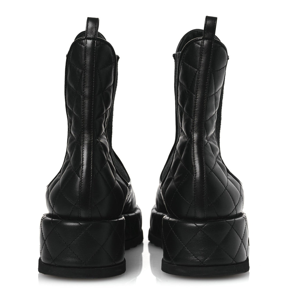 Chanel Lambskin Patent CC Cap Toe Quilted Short Platform Boots 39.5 Black
