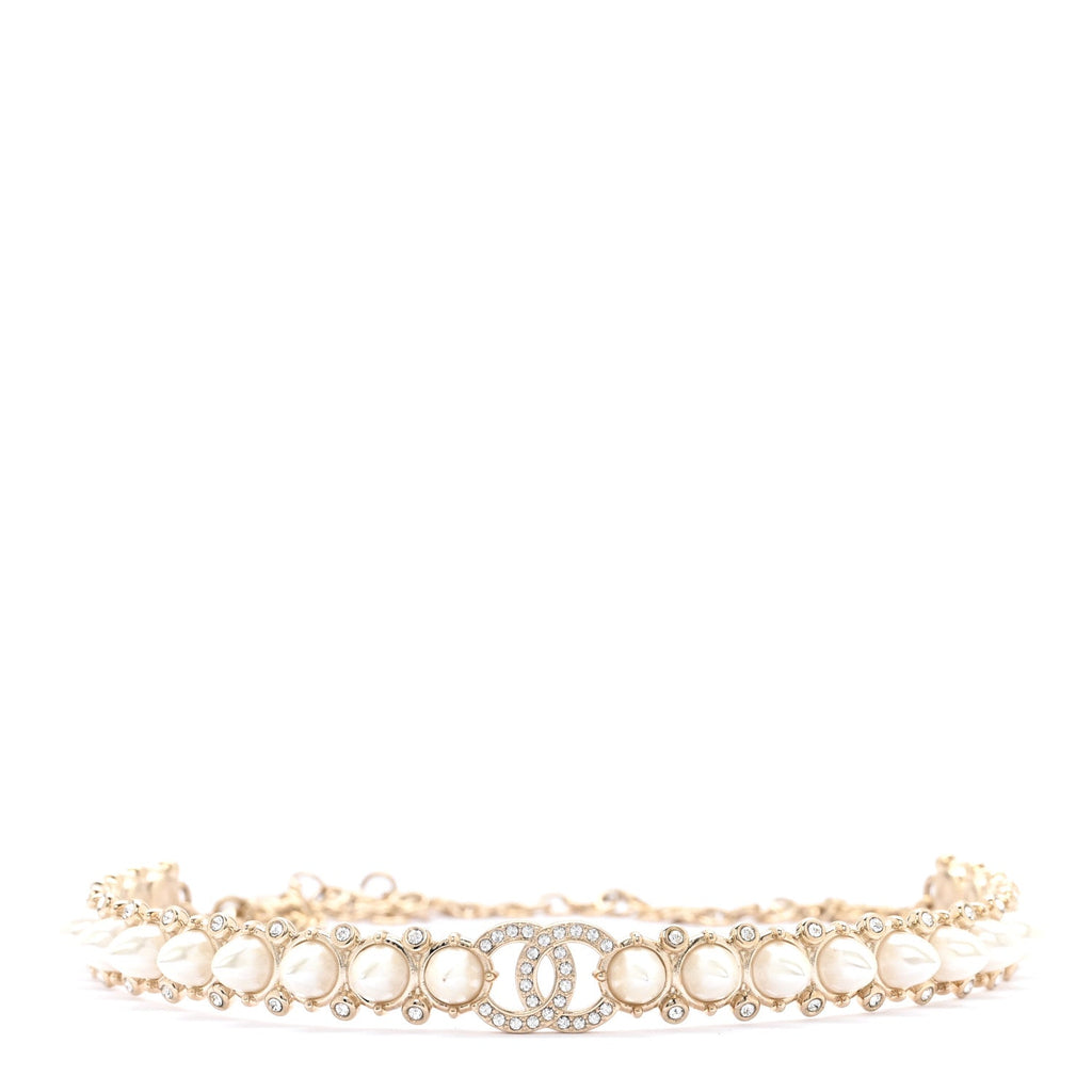 Chanel Strass Crystal Studded Pearl CC Choker Necklace Gold Pearly White