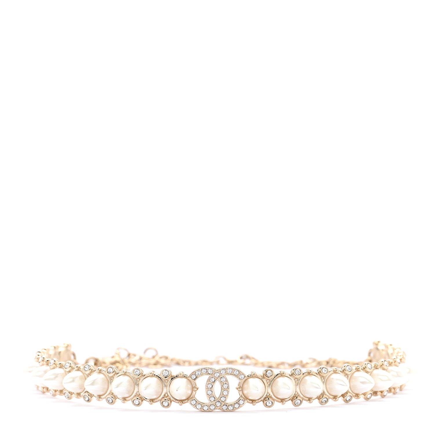 Chanel Strass Crystal Studded Pearl CC Choker Necklace Gold Pearly White