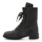 Chanel Suede Quilted CC Tall Lace Up Combat Boots 38 Grey