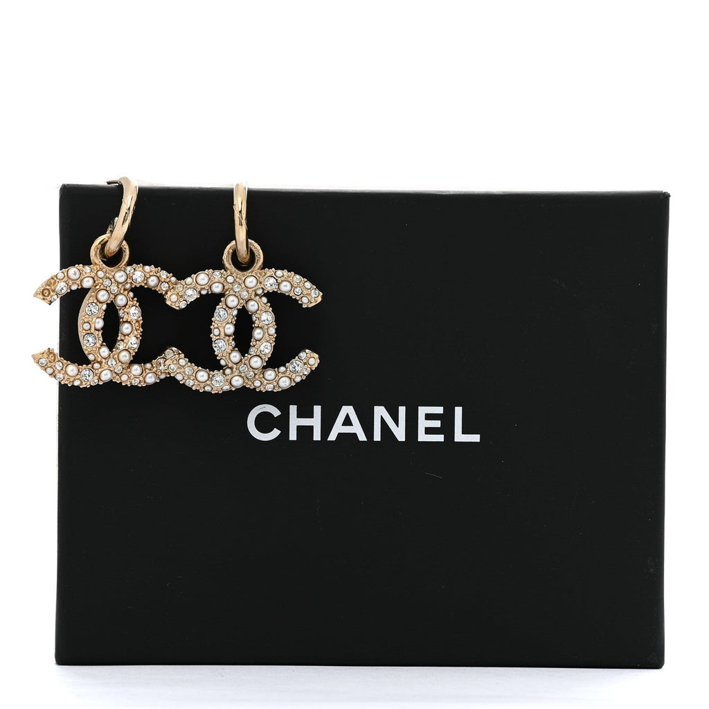 Chanel Crystal Pearls CC Drop Earrings Light Gold