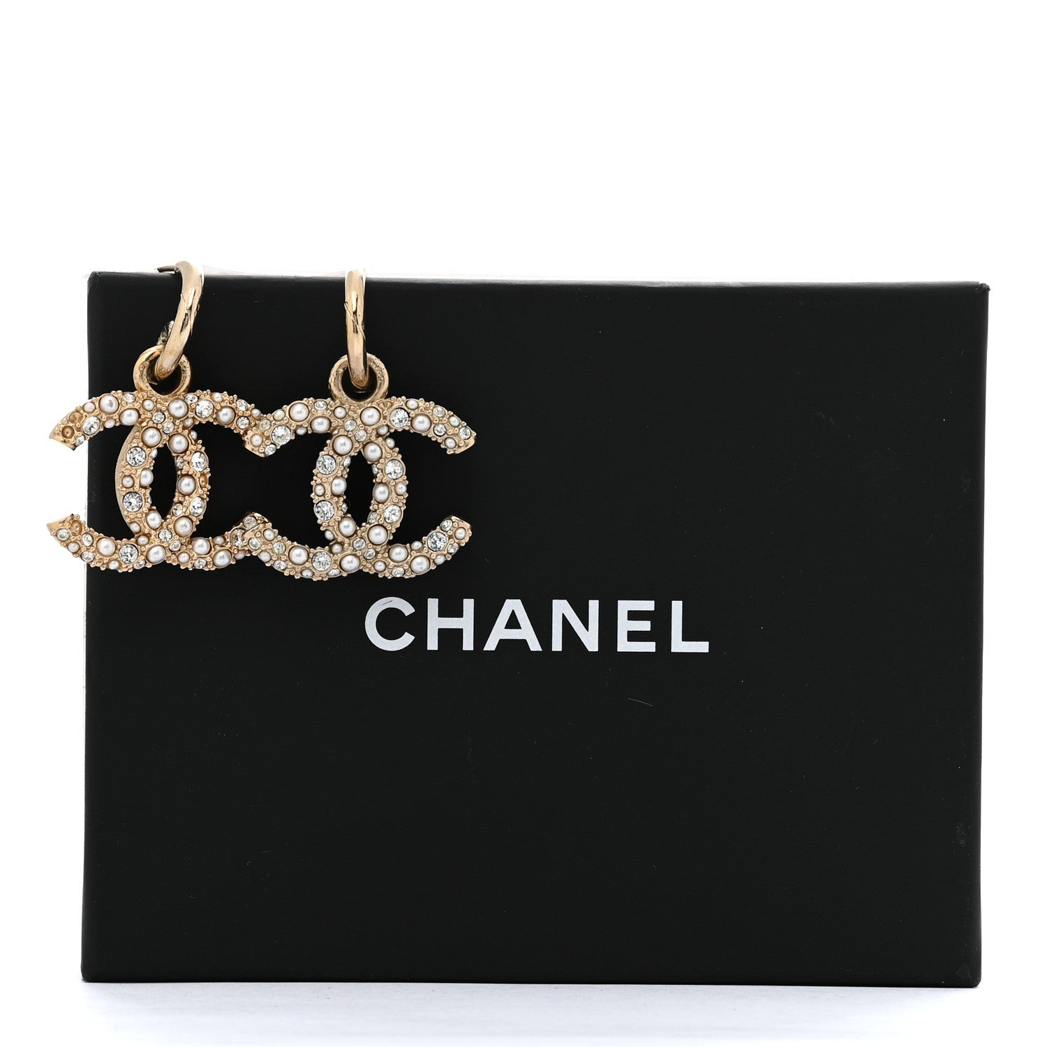 Chanel Crystal Pearls CC Drop Earrings Light Gold