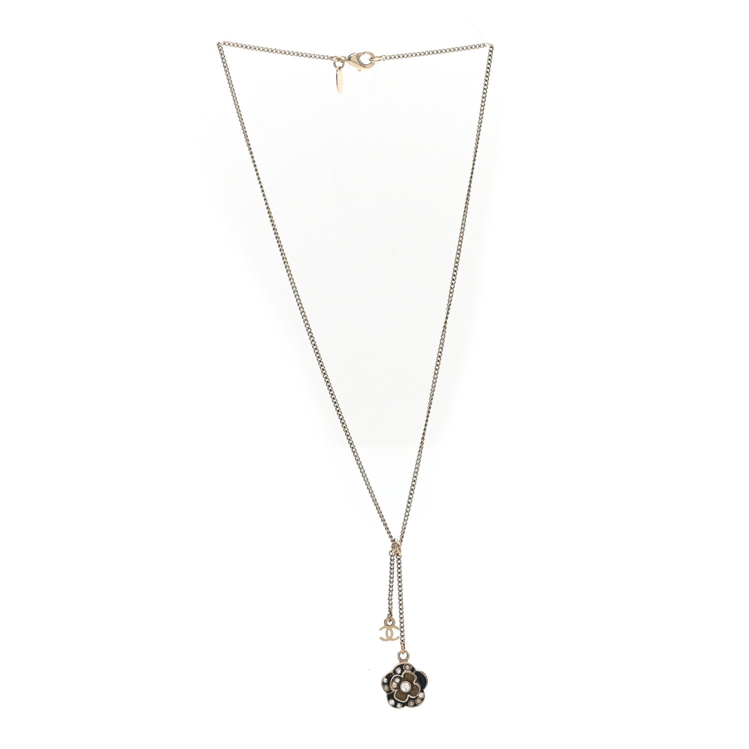 Chanel Enamel Crystal Pearl CC Camellia Drop Necklace Gold Black
