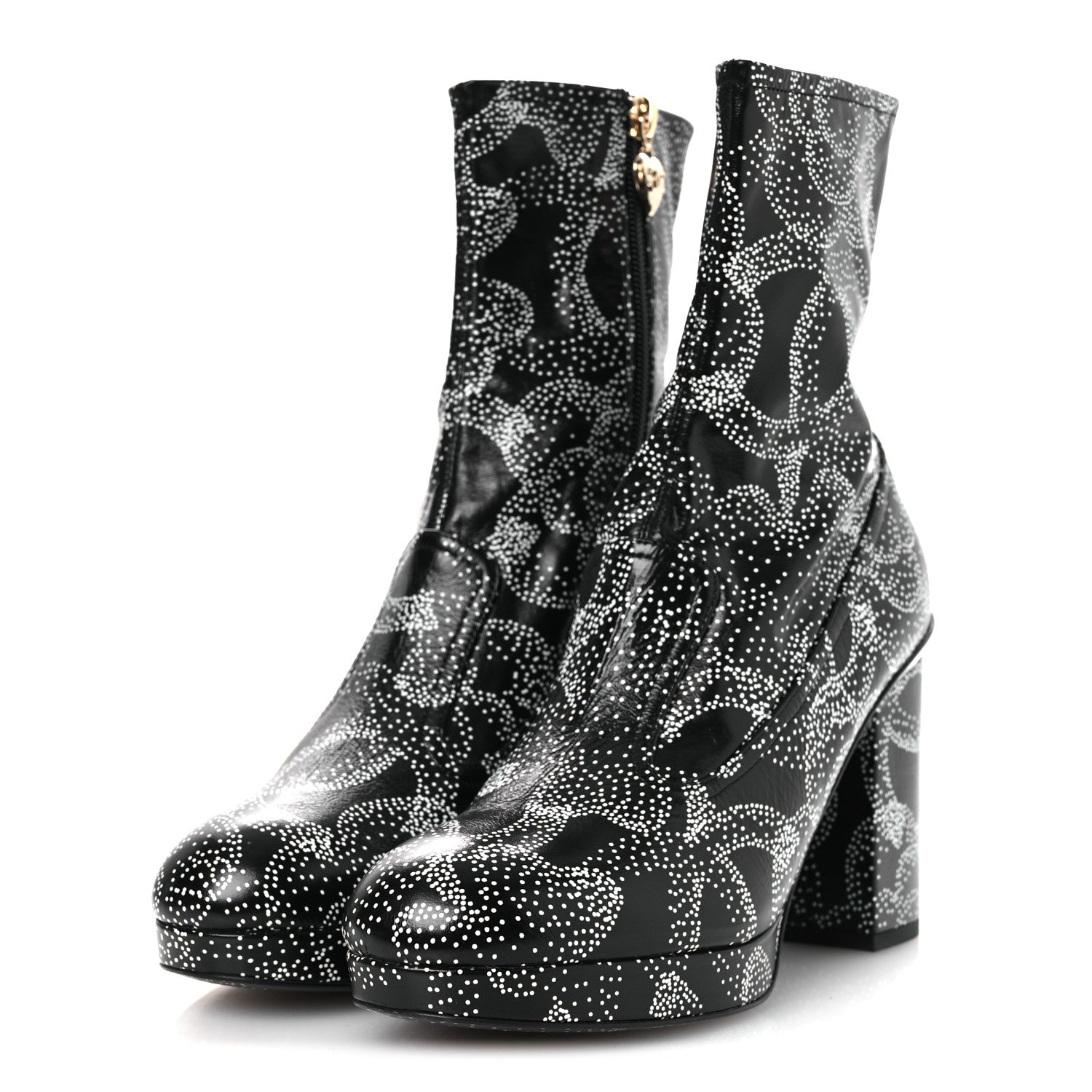 Chanel Calfskin Camellia Printed Ankle Boots 38.5 Black White