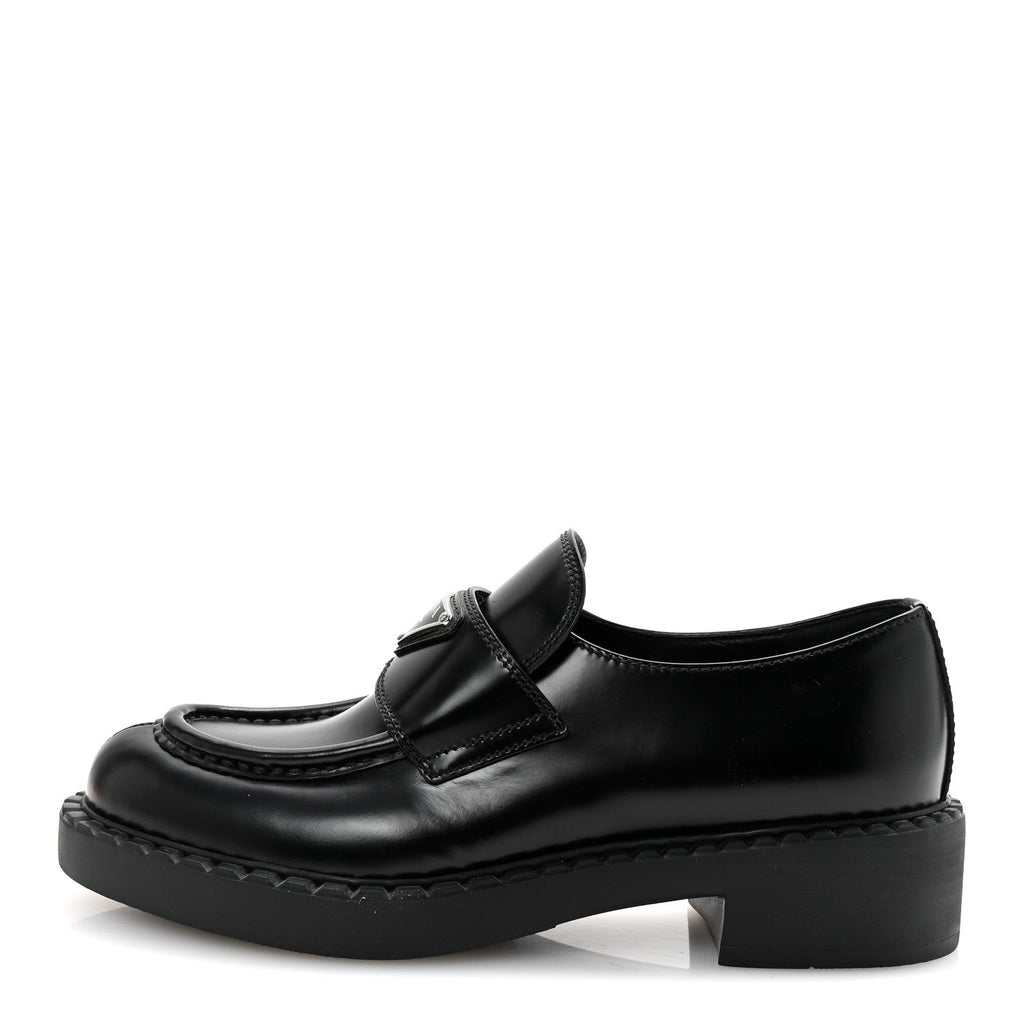 Prada Spazzolato Metal Triangle Logo 50mm Loafers 36.5 Black
