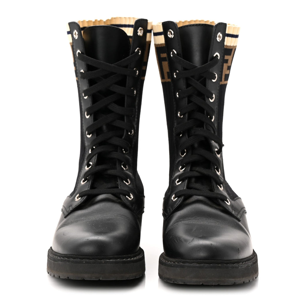 Fendi Calfskin Stretch Fabric Rockoko Biker Boots 38 Tobacco Black Marino