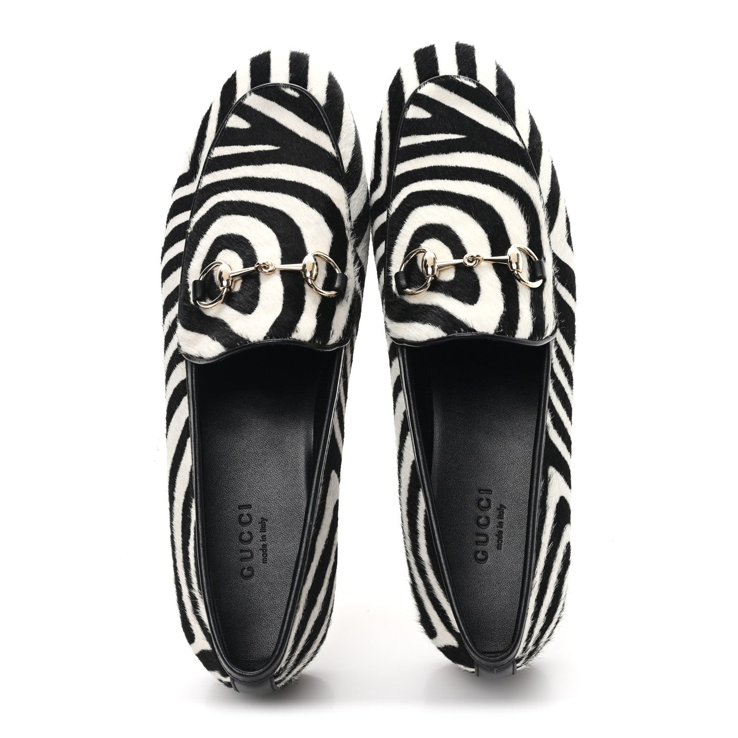 Gucci Pony Hair Zebra Print Womens Horsebit Moccasin Loafers 37.5 Black White