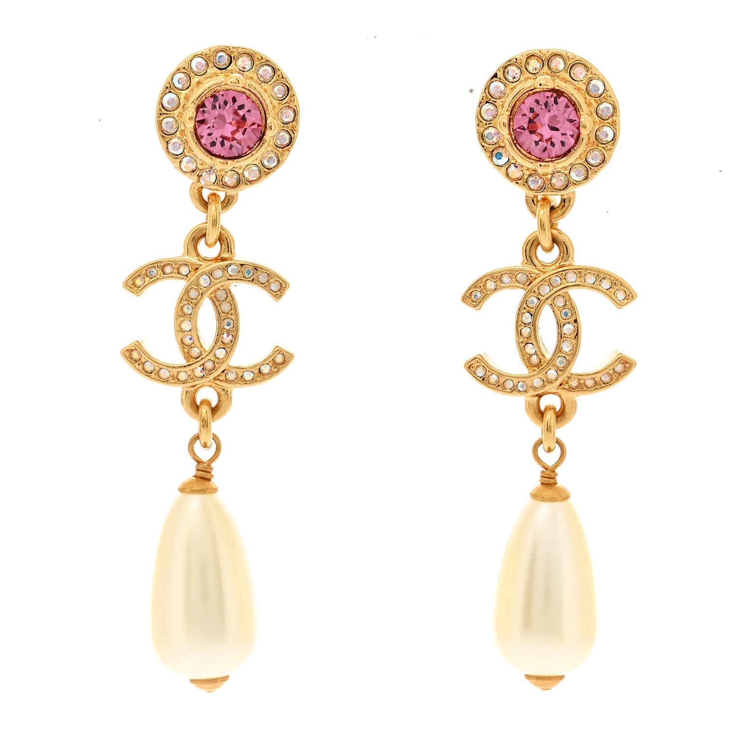 Chanel Metal Crystal Pearl CC Drop Earrings Gold Pink White