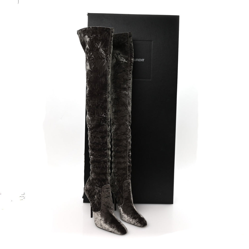 Saint Laurent Velvet Ella Knee High Boots 39.5 Bella Green