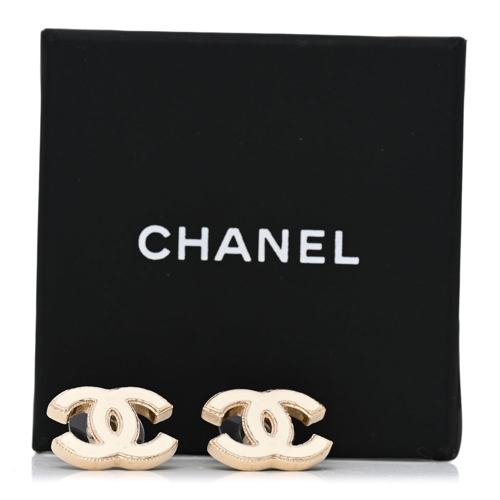 Chanel Enamel CC Earrings Gold White