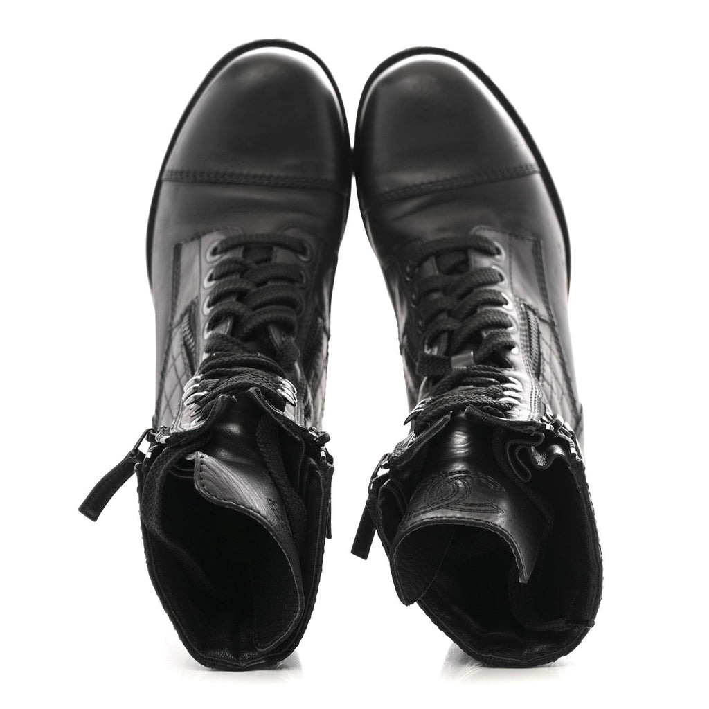 Chanel Calfskin Quilted Lace Up Combat Boots  38 Black