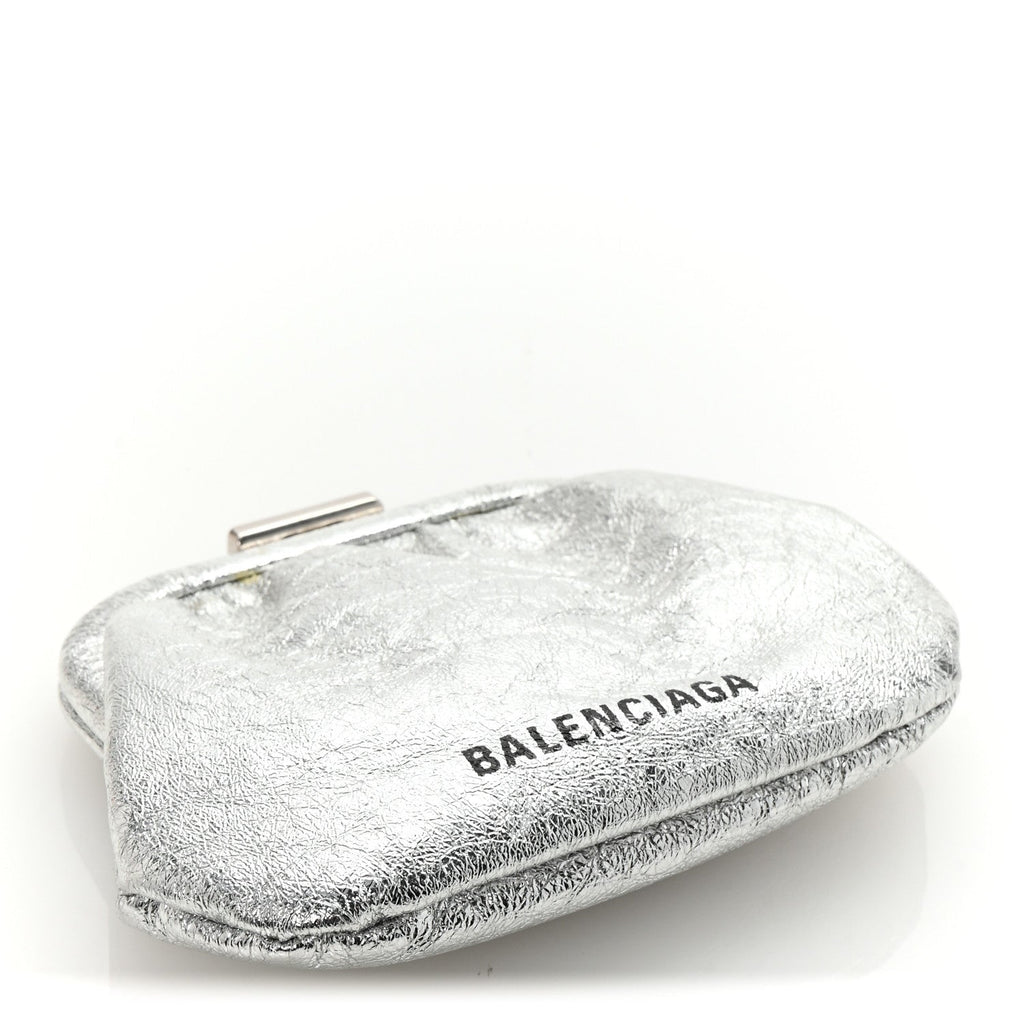 Balenciaga Metallic Textured Calfskin Logo Cloud Coin Purse With Strap Silver